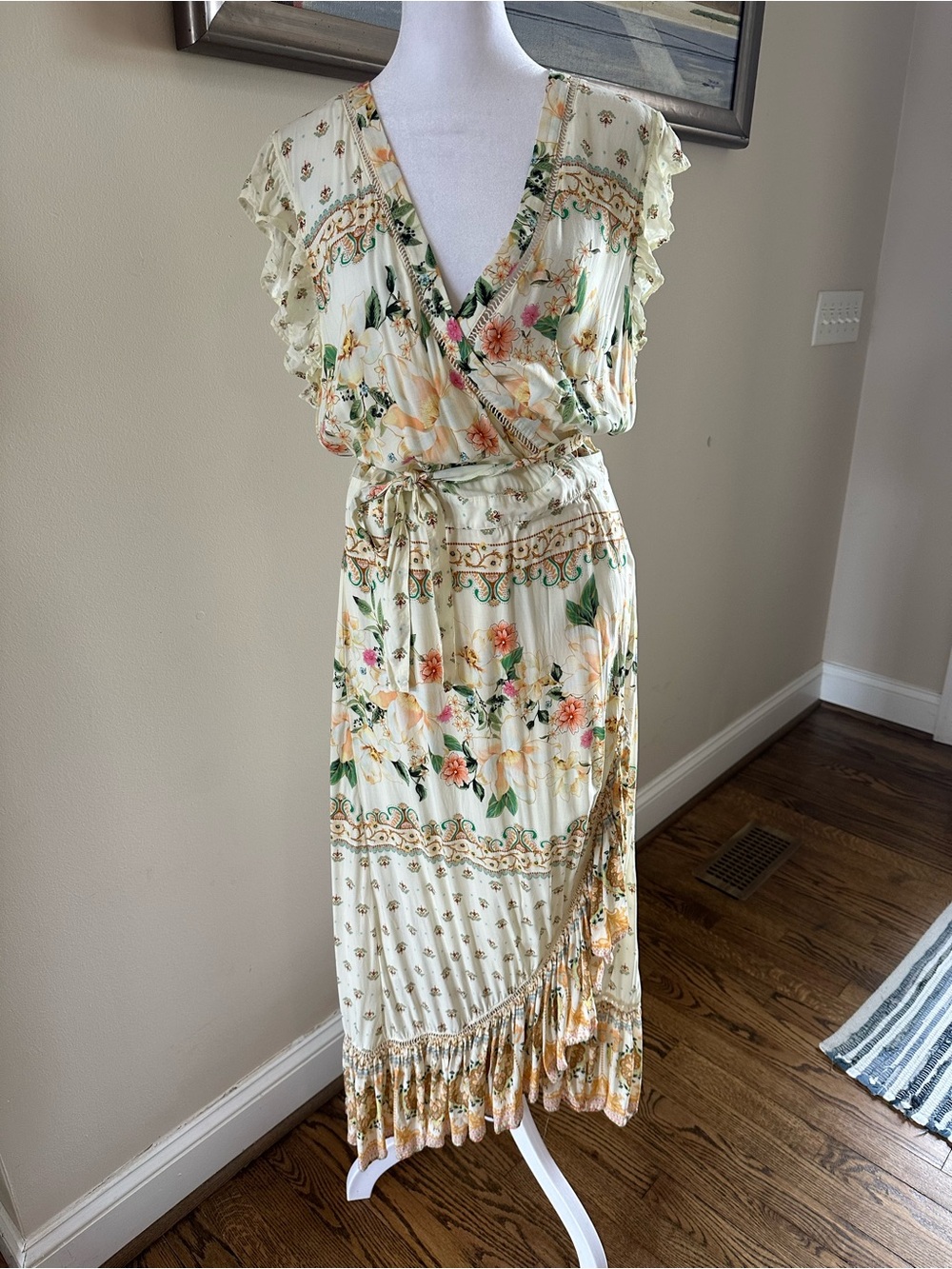 FARM Rio Anthropologie Tea Rose Midi Wrap Dress with Yellow and Green Accents XL - Picture 7 of 7